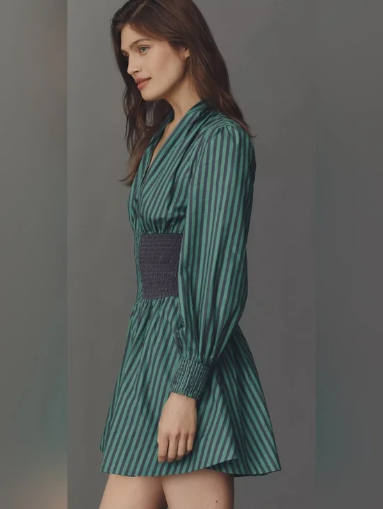 NWT ANTHROPOLOGIE The Tommie Long-Sleeve Smocked Front-Zip Mini Shirt Dress XL - Picture 2 of 7